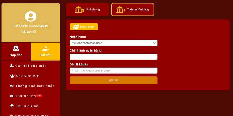 Thêm tài khoản ngân hàng để rút tiền 98WIN an toàn cao